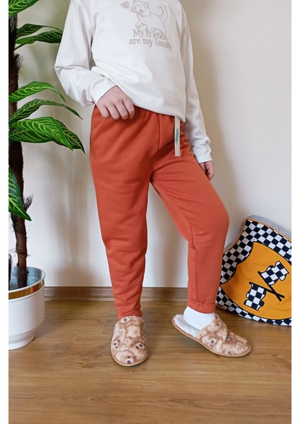 Çocuk Kiremit 2 Iplik Şardonlu Paçası Lastikli Kışlık Eşofman Altı