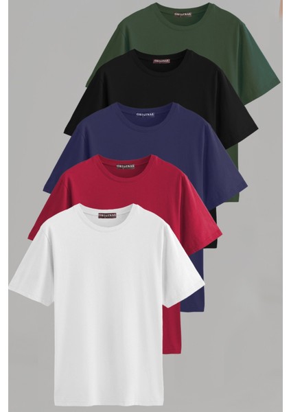 Erkek Beyaz-Siyah-Laci-Bordo-Yeşil Slim Fit Bisiklet Yaka Pamuk Elastan 5'li Basic Tişört