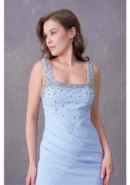 Özel Tasarım Kadın Taş Detaylı Askılı Uzun Abiye Elbise DPS9367