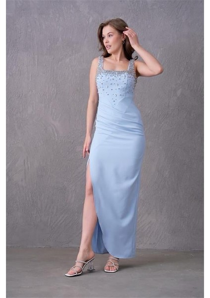 Özel Tasarım Kadın Taş Detaylı Askılı Uzun Abiye Elbise DPS9367 modelleri