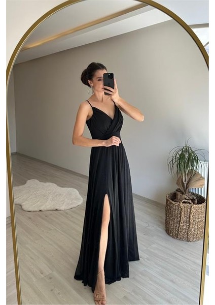 Kadın Işıltılı Kumaş Yırtmaçlı Abiye Elbise NM002