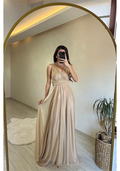 Kadın Işıltılı Kumaş Göğüs Drapeli Kolsuz Elbise NM003