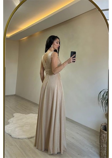 Kadın Işıltılı Kumaş Göğüs Drapeli Kolsuz Elbise NM003