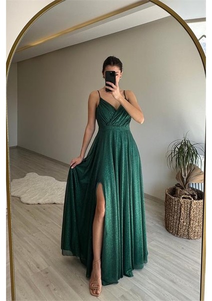 Kadın Işıltılı Kumaş Yırtmaçlı Abiye Elbise DPNM002