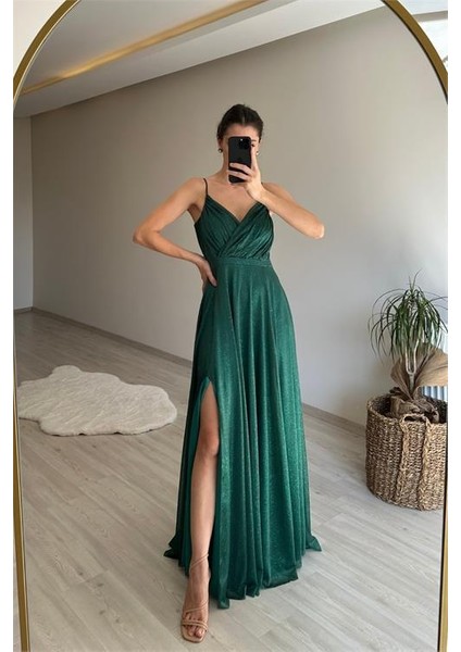 Kadın Işıltılı Kumaş Yırtmaçlı Abiye Elbise DPNM002 fırsatları