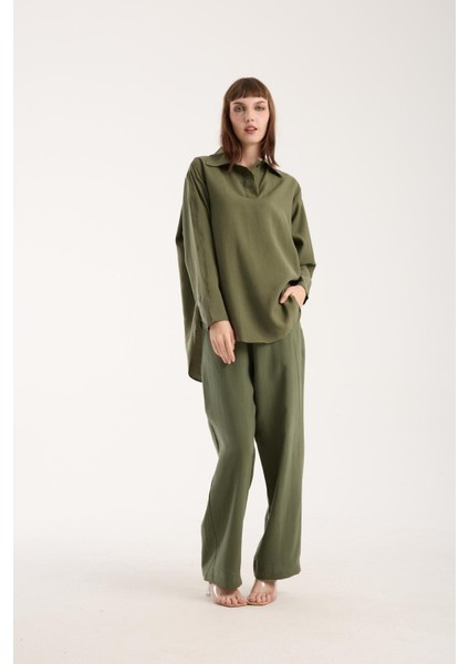 Ipeksi Yumuşaklıkta Modal Kumaş Rahat Kesim Uzun Gömlek + Pantolon Takım (2 Parça)