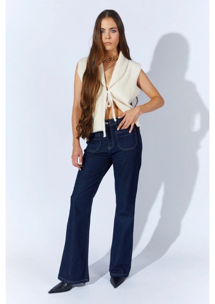 Önden Bağlamalı Tüylü Triko Yelek - Ekru fiyatları