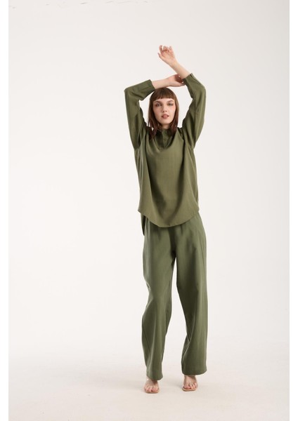 Ipeksi Yumuşaklıkta Modal Kumaş Rahat Kesim Uzun Gömlek + Pantolon Takım (2 Parça)