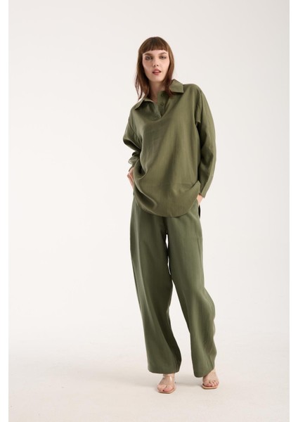 Ipeksi Yumuşaklıkta Modal Kumaş Rahat Kesim Uzun Gömlek + Pantolon Takım (2 Parça)