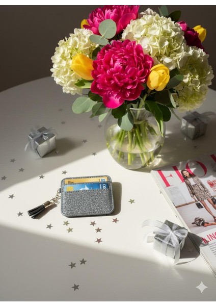 Gri Simli Püsküllü Cüzdan Kartlık