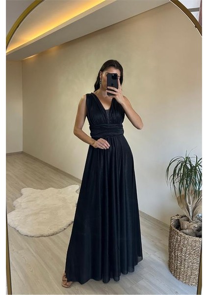 Kadın Işıltılı Kumaş Göğüs Drapeli Kolsuz Elbise NM003