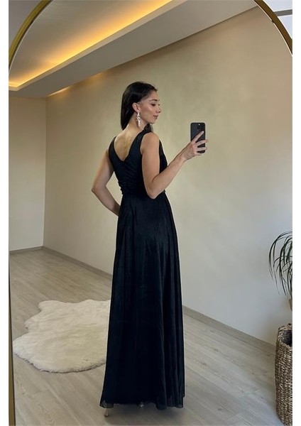 Kadın Işıltılı Kumaş Göğüs Drapeli Kolsuz Elbise NM003