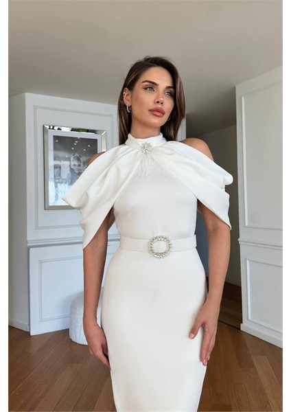 Kadın Kemerli Karmen Yaka Midi Elbise DPNC110095 modelleri