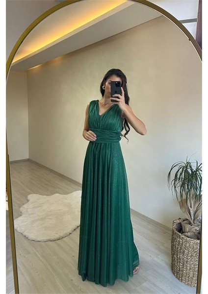 Kadın Işıltılı Kumaş Göğüs Drapeli Kolsuz Elbise DPNM003