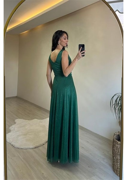 Kadın Işıltılı Kumaş Göğüs Drapeli Kolsuz Elbise DPNM003