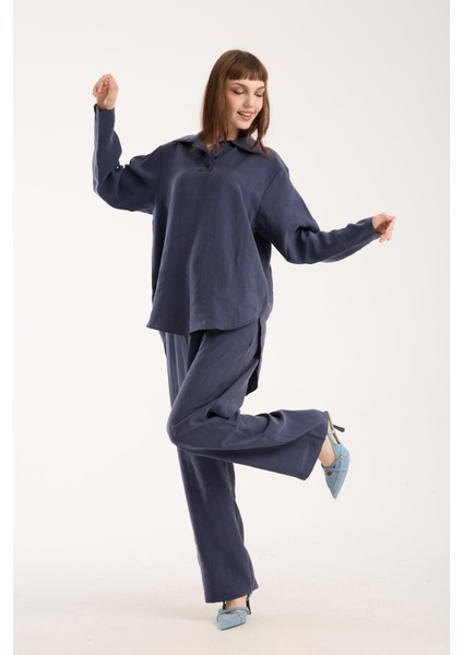 Ipeksi Yumuşaklıkta Modal Kumaş Rahat Kesim Uzun Gömlek + Pantolon Takım (2 Parça)