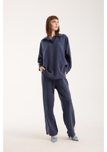 Ipeksi Yumuşaklıkta Modal Kumaş Rahat Kesim Uzun Gömlek + Pantolon Takım (2 Parça)