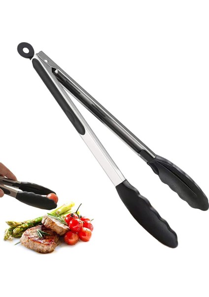 Paslanmaz Çelik Silikon Uclu Maşa Izgara Maşası Yemek Maşası Salata Maşası Tutamak