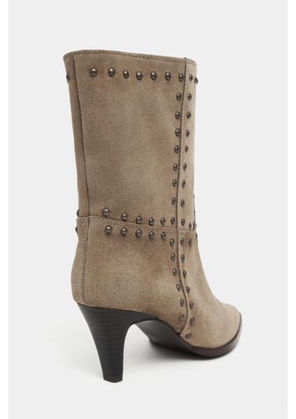 Martian Desert Koyu Bej Hakiki Süet Deri Topuklu Sivri Burun Troplu Kadın Bot indirimleri