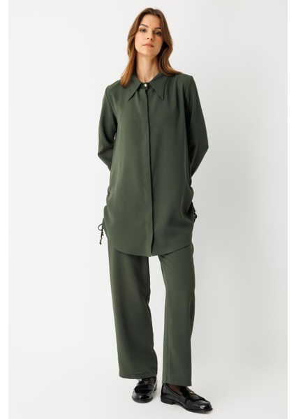 Yandan Büzgü Detaylı Pantolonlu Takım Haki fiyatları