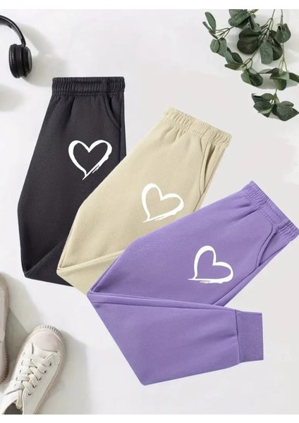 Punıx Kıds Özel Tasarım Kalp Baskılı 3 Iplik Kalın Kışlık Kız Çocuk 3'lü Eşofman Altı