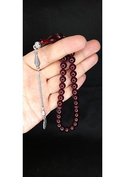Çubuk Kehribar Tesbih Küre Kesim Bordo Renk T-363