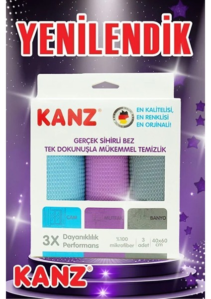 Kanz 3’lü Gerçek Sihirli Mikrofiber Bez Seti – Ultra Emici, Çizmez, Çok Amaçlı Temizlik Bezi (40X60 Cm)