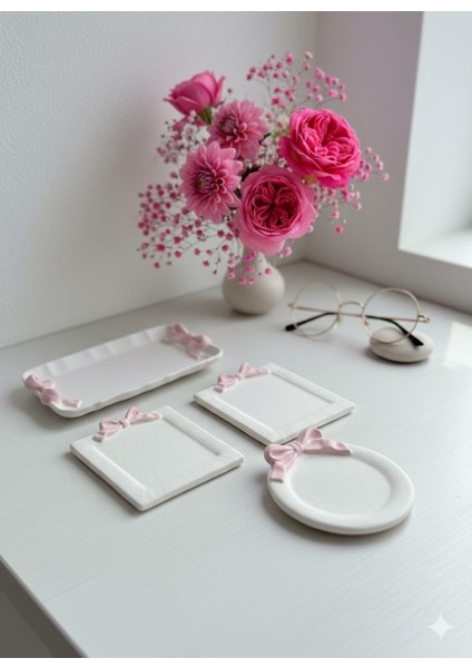 Dekoratif Pembe Kurdele Tepsi , Tabak , Takı Tepsisi 4'lü Takım Set