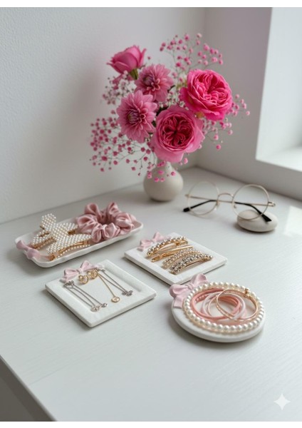 Dekoratif Pembe Kurdele Tepsi , Tabak , Takı Tepsisi 4'lü Takım Set fırsatları
