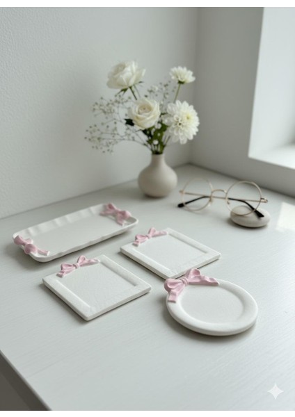 Dekoratif Pembe Kurdele Tepsi , Tabak , Takı Tepsisi 4'lü Takım Set indirimleri