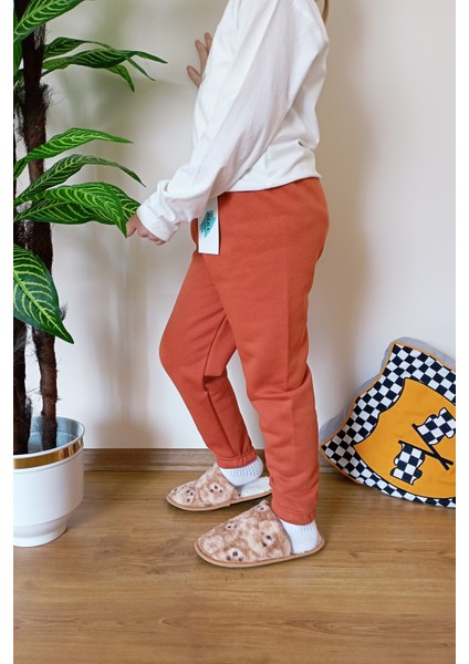 Çocuk Kiremit 2 Iplik Şardonlu Paçası Lastikli Kışlık Eşofman Altı