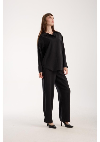 Ipeksi Yumuşaklıkta Modal Kumaş Rahat Kesim Uzun Gömlek + Pantolon Takım (2 Parça)