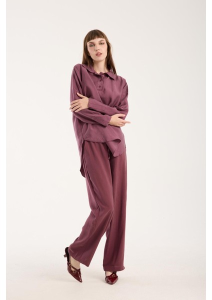 Ipeksi Yumuşaklıkta Modal Kumaş Rahat Kesim Uzun Gömlek + Pantolon Takım (2 Parça)