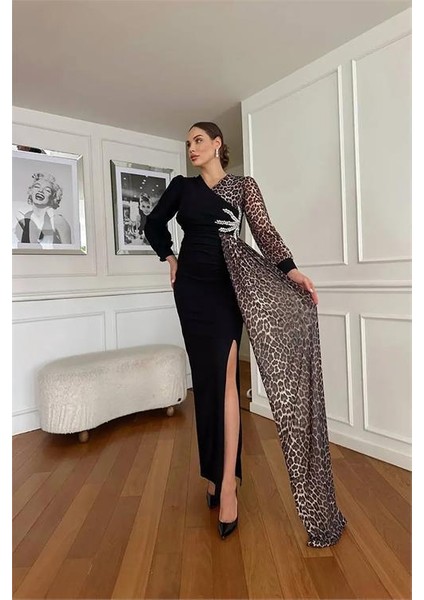 Kadın Leoparlı Yırtmaç Detaylı Taşlı Abiye Elbise DPNC2509 modelleri