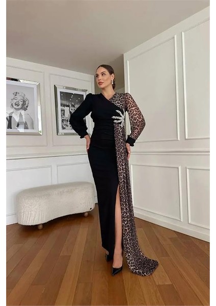 Kadın Leoparlı Yırtmaç Detaylı Taşlı Abiye Elbise DPNC2509 fırsatları