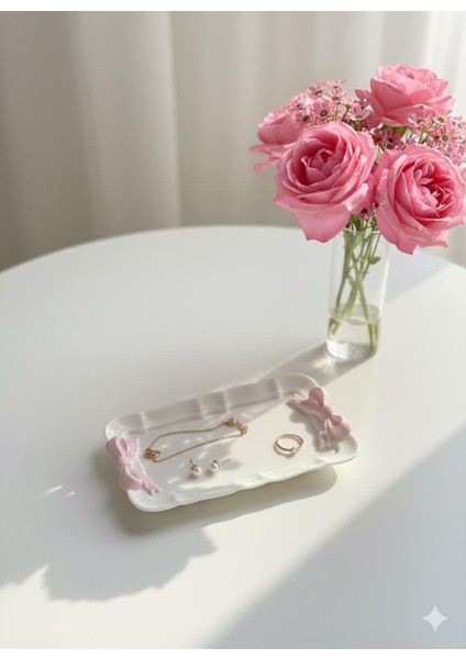 Dekoratif Fiyonklu Pembe Kurdele Tepsi , Tabak , Takı Tepsisi El Yapımı Tabak