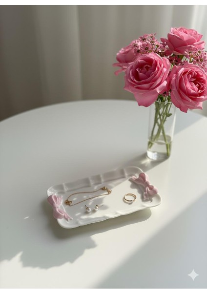 Dekoratif Fiyonklu Pembe Kurdele Tepsi , Tabak , Takı Tepsisi El Yapımı Tabak fırsatları