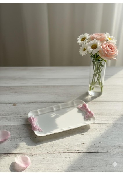 Dekoratif Fiyonklu Pembe Kurdele Tepsi , Tabak , Takı Tepsisi El Yapımı Tabak