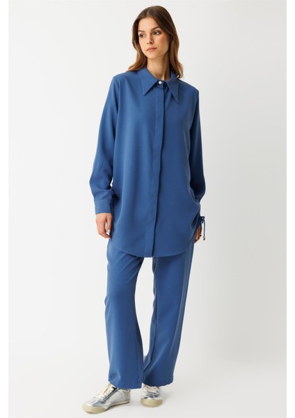 Yandan Büzgü Detaylı Pantolonlu Takım Indigo