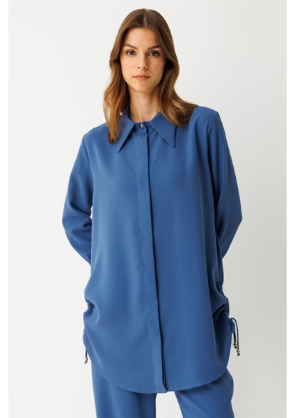 Yandan Büzgü Detaylı Pantolonlu Takım Indigo fırsatları