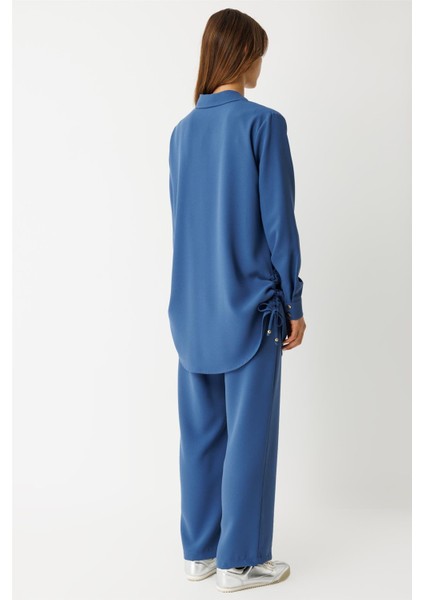 Yandan Büzgü Detaylı Pantolonlu Takım Indigo indirimleri