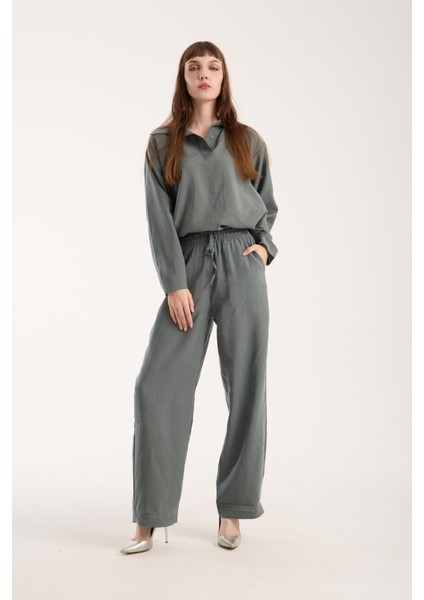Ipeksi Yumuşaklıkta Modal Kumaş Rahat Kesim Uzun Gömlek + Pantolon Takım (2 Parça)
