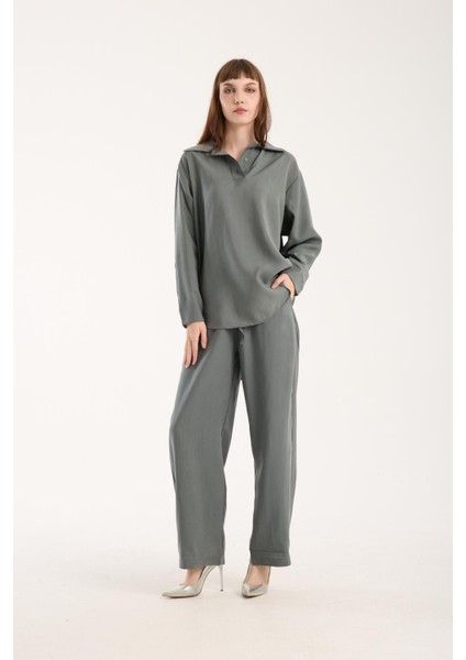 Ipeksi Yumuşaklıkta Modal Kumaş Rahat Kesim Uzun Gömlek + Pantolon Takım (2 Parça)