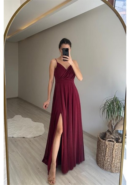 Kadın Işıltılı Kumaş Yırtmaçlı Abiye Elbise NM002