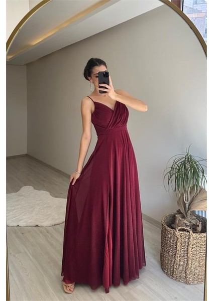 Kadın Işıltılı Kumaş Yırtmaçlı Abiye Elbise NM002 fırsatları