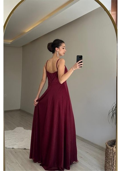 Kadın Işıltılı Kumaş Yırtmaçlı Abiye Elbise NM002