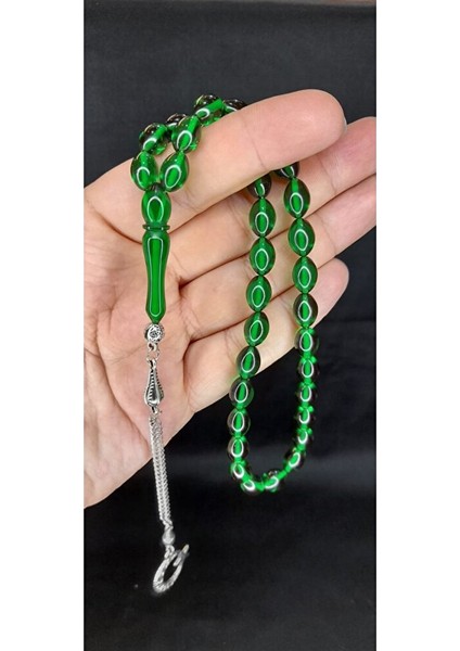 Çubuk Kehribar Tesbih Beyzi Kesim Yeşil Renk T-362