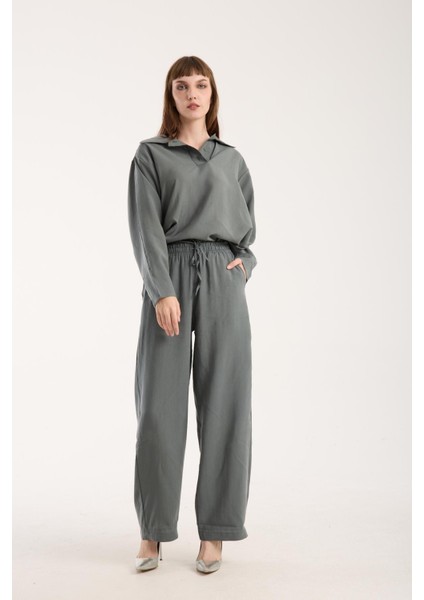 Ipeksi Yumuşaklıkta Modal Kumaş Rahat Kesim Uzun Gömlek + Pantolon Takım (2 Parça)