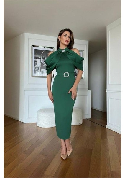 Kadın Kemerli Karmen Yaka Midi Elbise DPNC110095