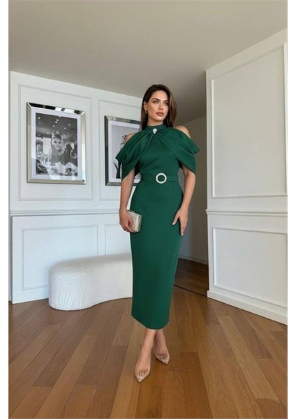 Kadın Kemerli Karmen Yaka Midi Elbise DPNC110095 fiyatları